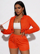 Letter Embroidery Zip Up Drawstring Hoodie & Shorts